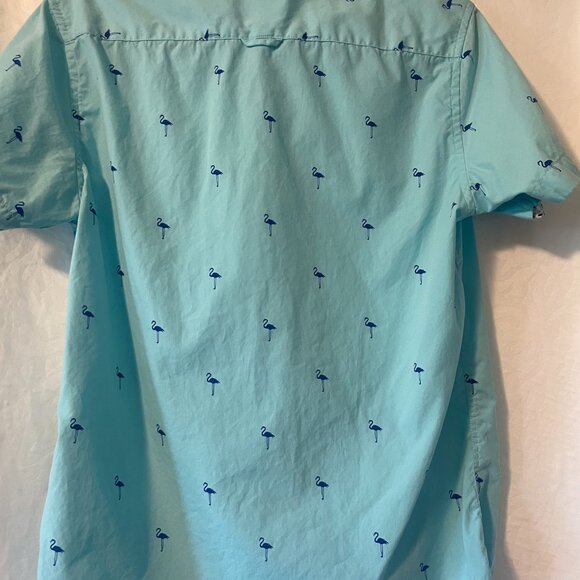 Denim and Flower Mens Button Down Shirt, Size S, Short Sleeve with Flamingos - Picture 3 of 3